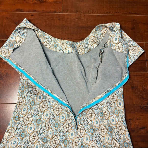 VINTAGE 1960s Babydoll Mini A-Line Shift Dress Geometric Print Blue Vtg 70s - Picture 7 of 9